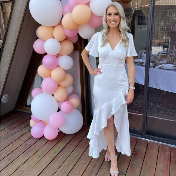 white and pink bridal shower dress Sexy Bridal Shower Dress Off The Shoulder Satin Split – Lisposa main image 0